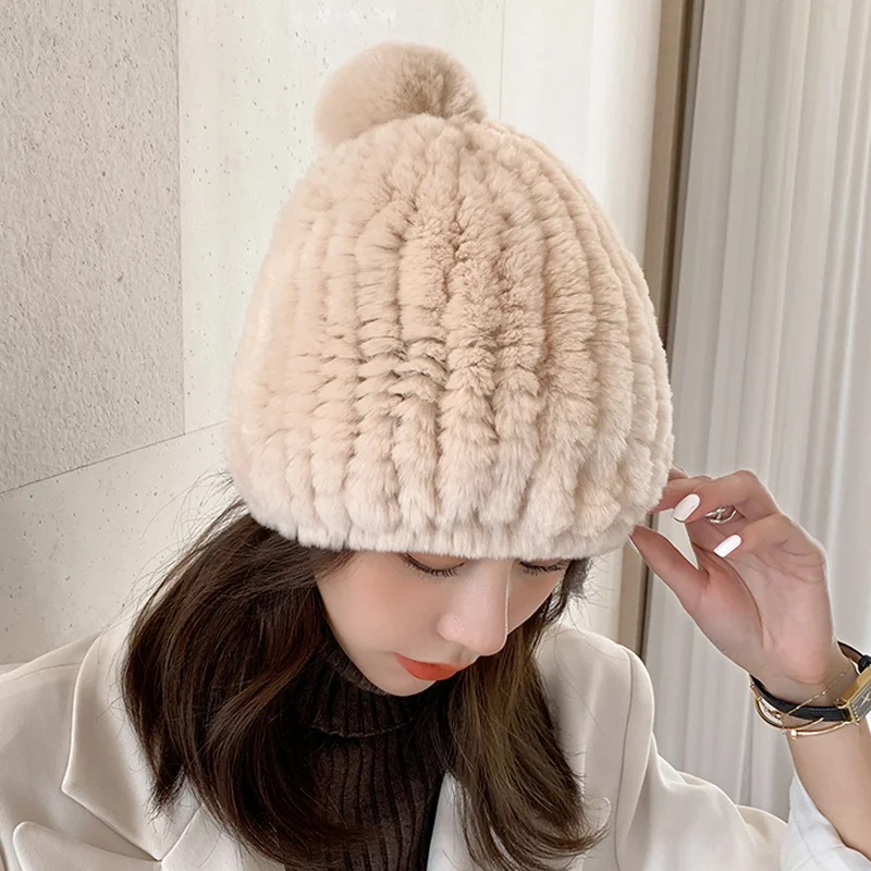 ZDFURS*Autumn and Winter New Rex Rabbit Fur Woven Elastic Fur Women's Turban Cute Ball Warm Earflaps Cap Korean Style