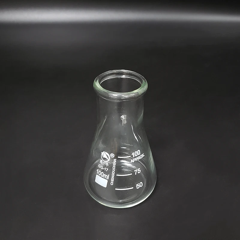 

Conical flask,Wide neck with graduations,Capacity 100ml,O.D. of neck 34mm,Erlenmeyer flask with normal neck.