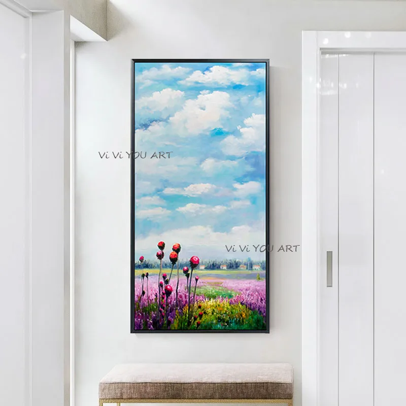 100% Handpainted Beautiful Sky And Beautiful Flower Abstract Oil Painting Wall Art Home Decor Wall Pictures Moder No Framed