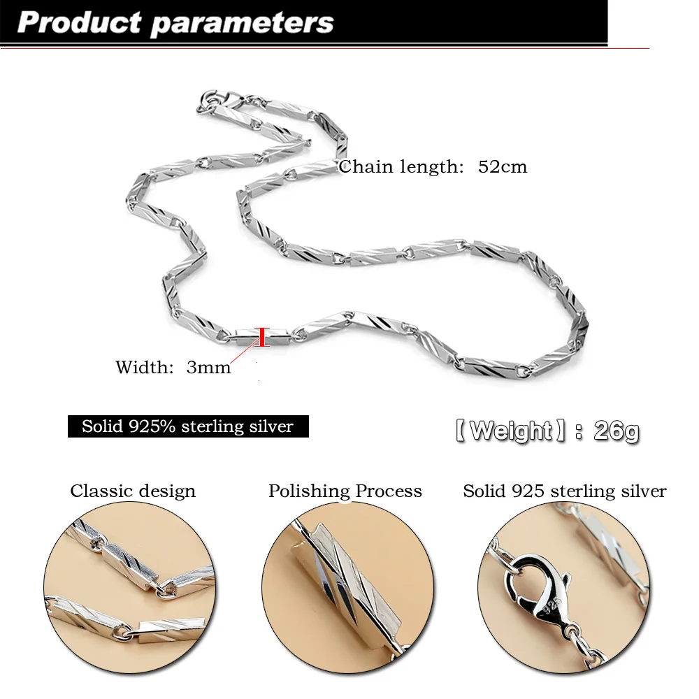 New Fashion Punk Man & Woman Square Carving Pattern 925 Sterling Silver Necklace Men 3MM  20 inches Link Chain Jewelry