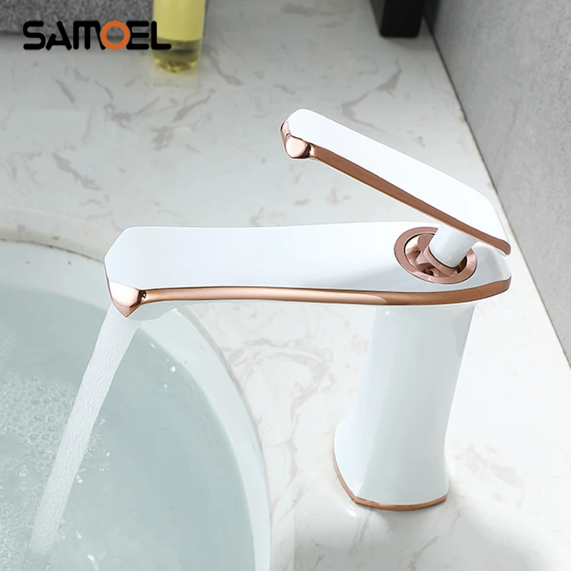 High-end modern brass white and rose gold basin faucet mixer deck mount lavatory cold hot water tap RS342