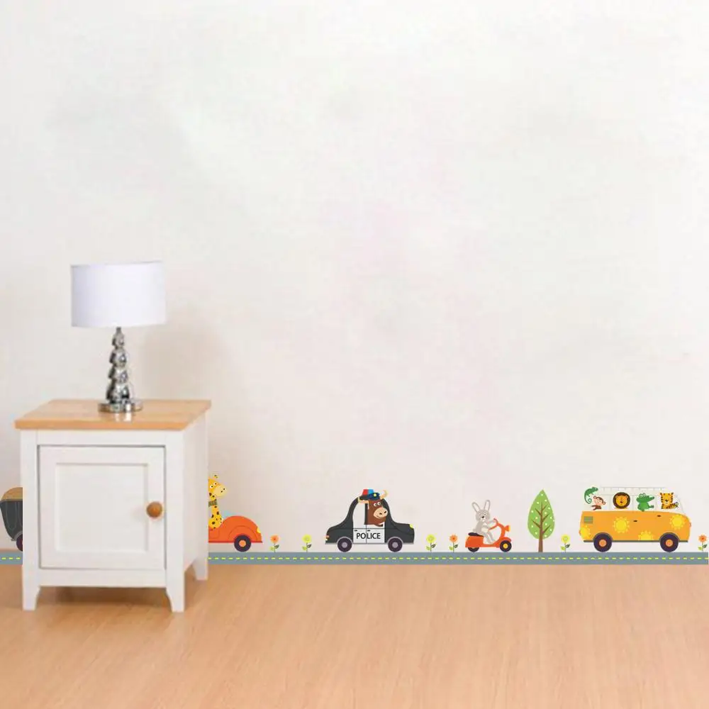 Cartoon Cute Animals Car Wall Stickers Children Boys Nursey Bedroom Waist Line Diy Wall Decals Decor Mural Kids Gift