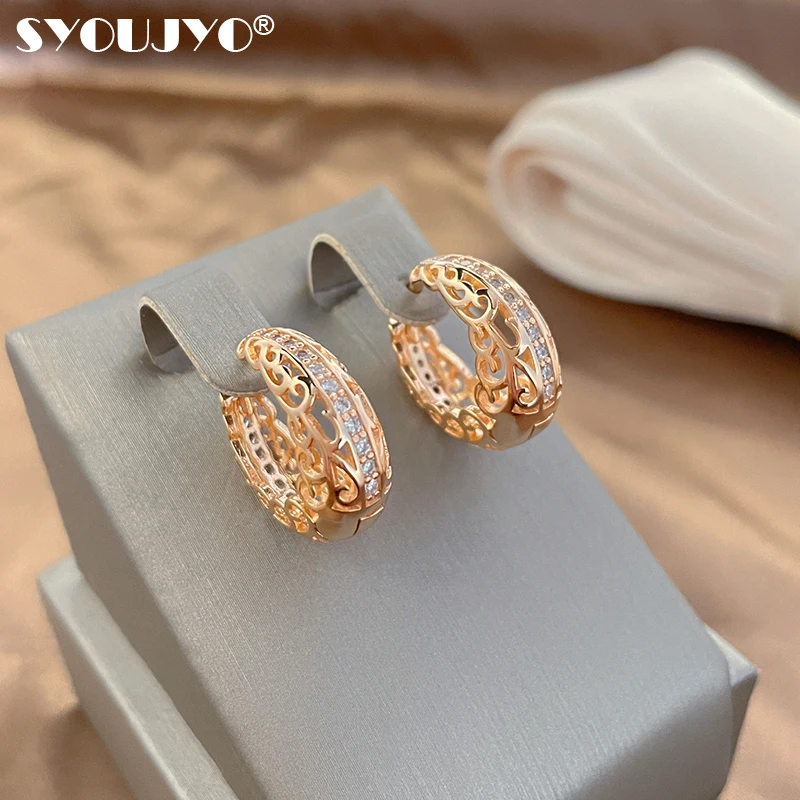 SYOUJYO New Hollow Rose Gold Color Round Earrings for Women Luxury Designer Natural Zircon Fashion OL Daily Fine Jewelry Gifts
