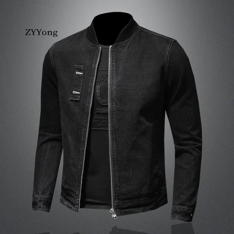 Retro European Style Stand Collar Bomber Pilot Black Denim Jacket Men Jeans Coats Motorcycle Casual Outwear Clothing Overcoat