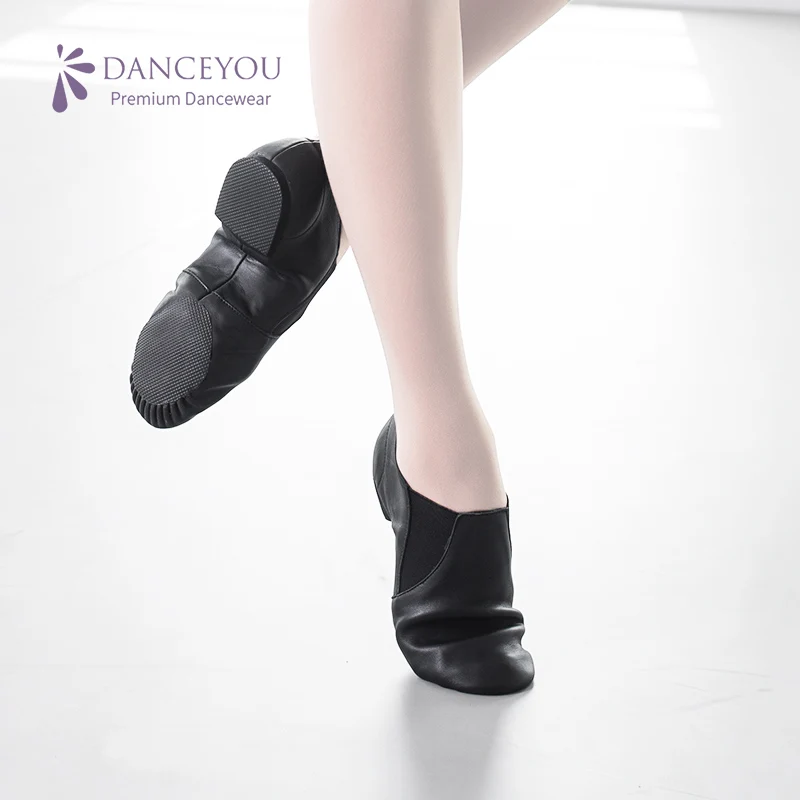 Genuine Cow Leather Twin Gore Slip On Jazz Elasti Dance Shoes Split Sole Black Tan Boy Women Footwear Modern Ballet Contemporary