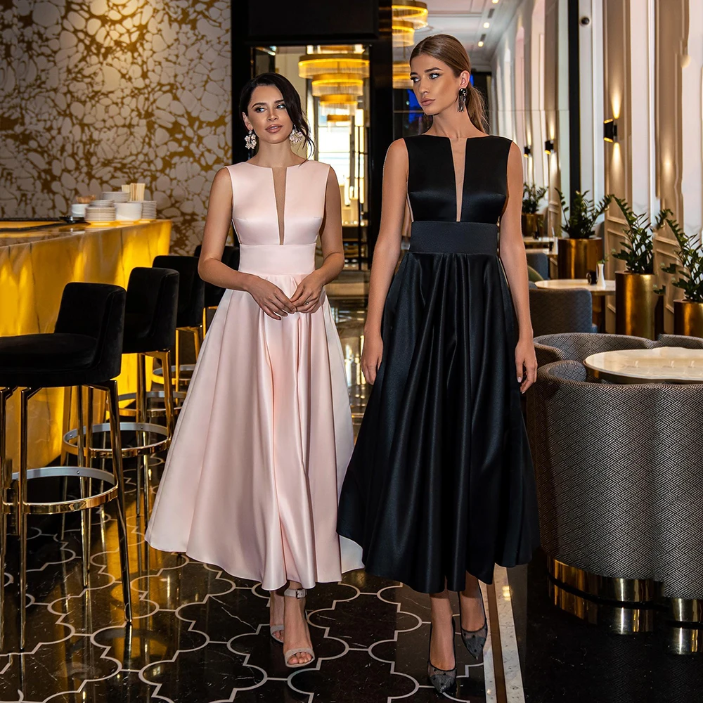 

Simple Tea-Length Satin Evening Dress Illustion V-Neck Sleeveless Evening Gown Sexy Backless A-Line Prom Dress