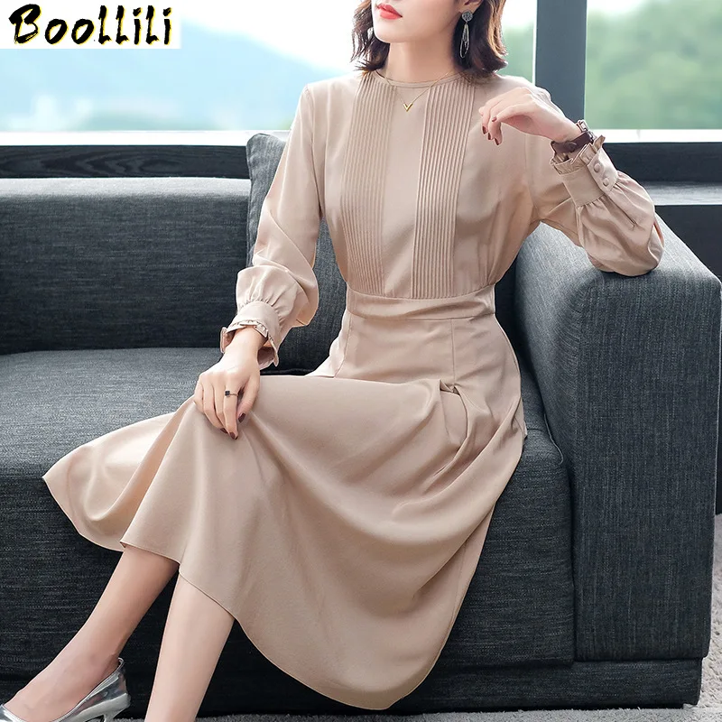 

Silk Boollili Real Dress Women Spring Autumn Dresses Fashion Midi Women Dress Korean Party Dress Vintage Vestido Mujer