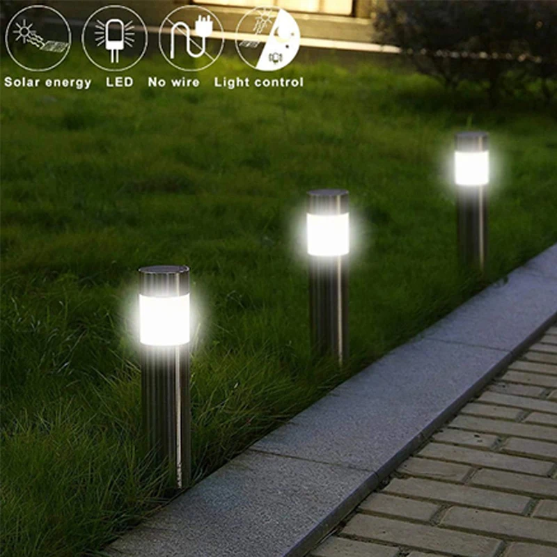 12pcs/lot Solar Garden Light Outdoor Waterproof Stainless Steel Outdoor LED Solar Cylindrical Lawn Lights For Garden Decoration