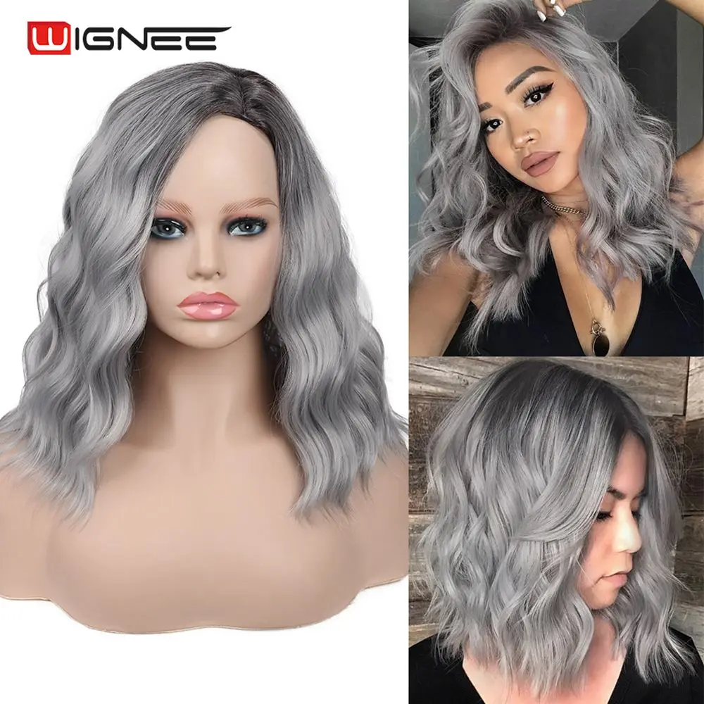 Wignee Synthetic Wigs Ombre Black To Blond Wig Side Part for Women Wavy Cosplay Daily Heat Resistant Natural Short Daily Hair