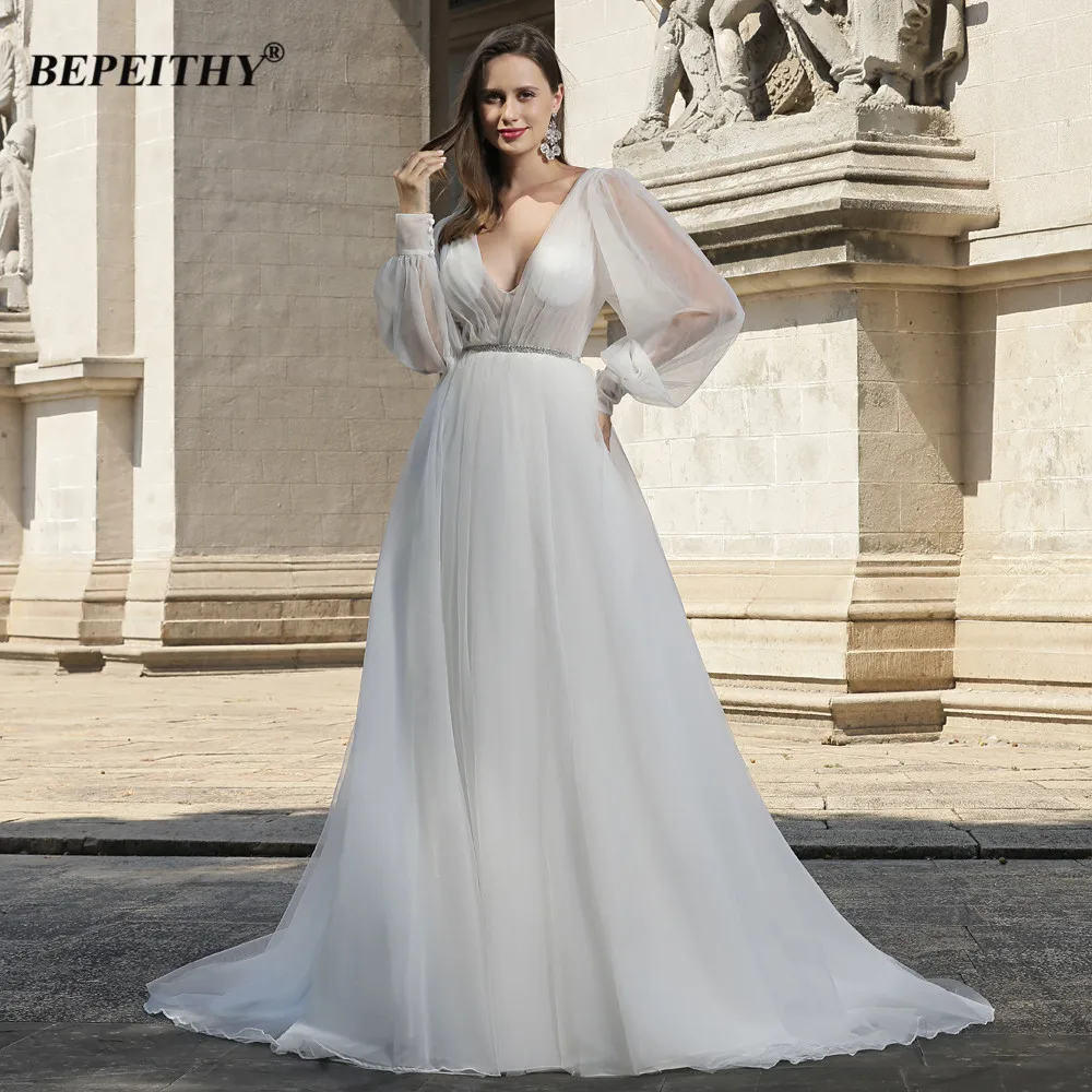 BEPEITHY Customized Simple Deep V Neck Wedding Dress For Women Open Back Sexy Full Sleeves Boho Bridal Gown Wedding Party Dress