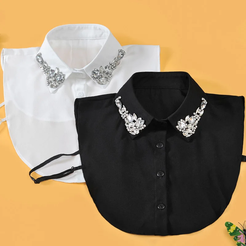 Elegante Collar falso de gasa para mujer, blusa blanca de cuello falso, solapa, camisa desmontable negra con diamantes