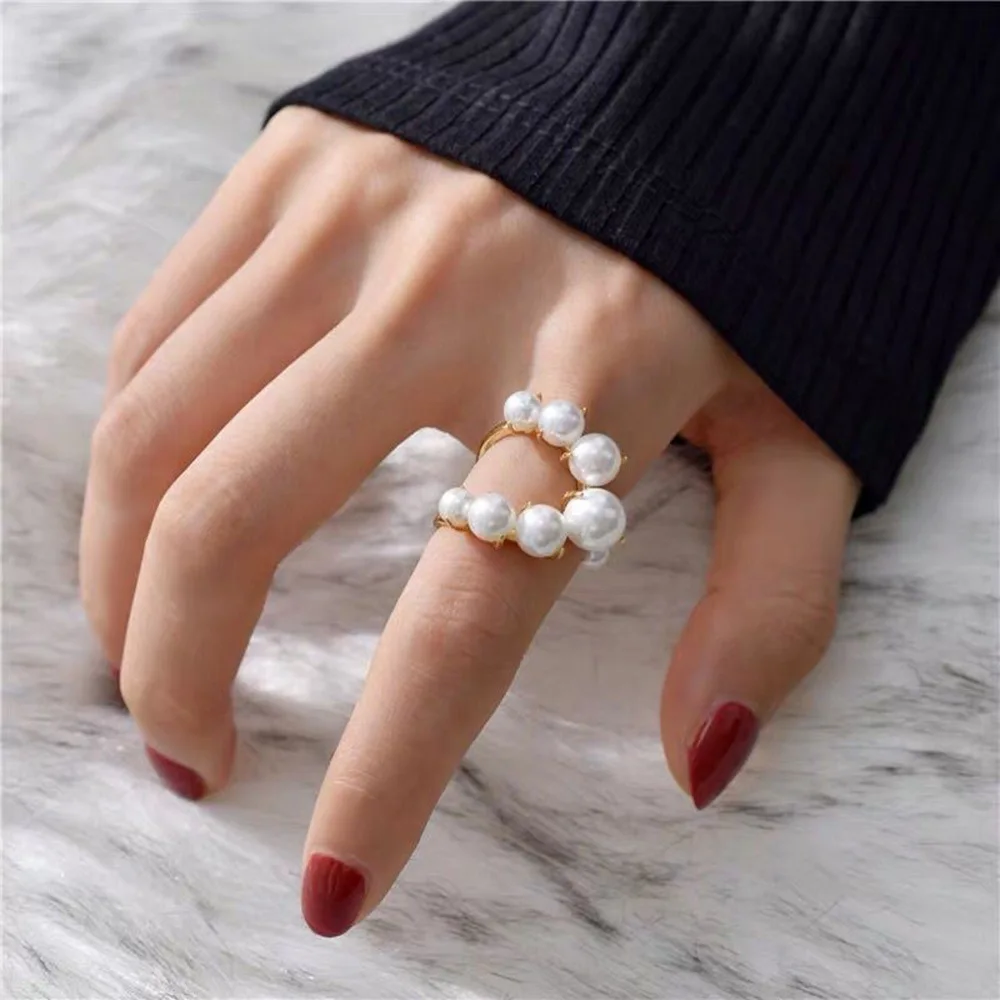 Fashion Big Geometric Pearl Paved Rings For Women 2021 New Jewelry Personality Statement Open Ring Adjustable Bijoux