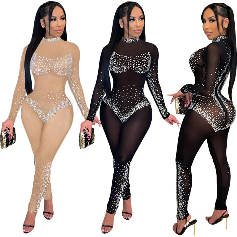 Imagem -04 - Strass Glitter Macacão para Mulheres Boate Malha Transparente Manga Longa Bodysuit Elegante Festival Aniversário Outfits