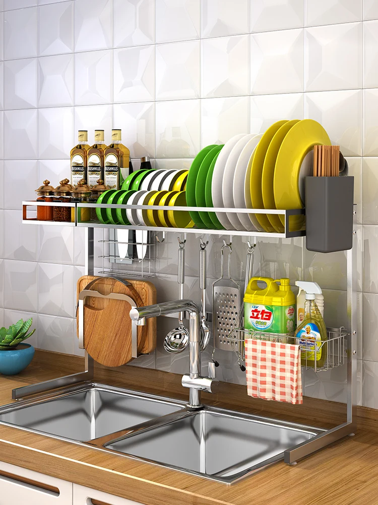 

New pattern 304 stainless steel dish rack home kitchen 2 layer bowl organizers knife holder drain rack tableware storage shelf