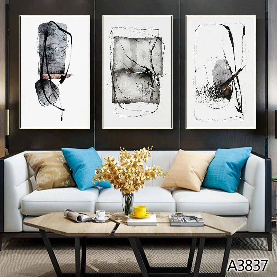 Modern Oil Painting Print on Canvas 3pcs White and Black Abstract Modular Landscape Canvas Printing Wall Art for Home Decor