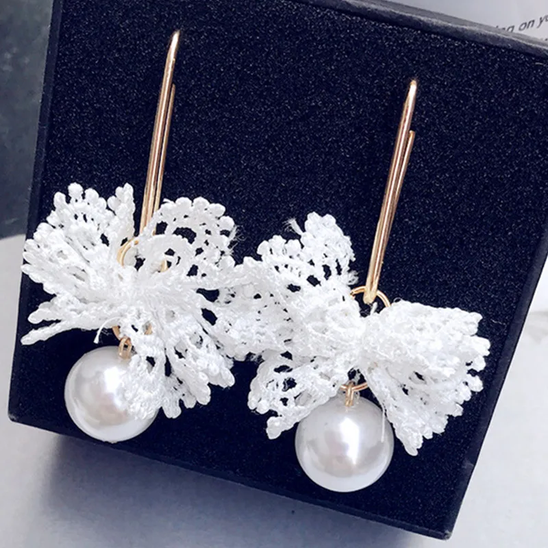 2024 Elegant Korean Personality Weave Lace Bow Handmade Earrings Big Simulated Pearl Boucle D\'oreille Femme Pendante