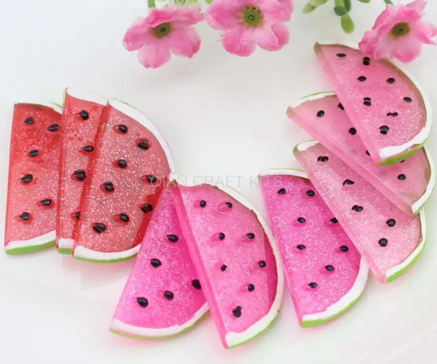 20pcs Big Watermelon Slice Decoden Kawaii Glitter Flatback Resin Cabochons 35mm Iridescent Hand Painted