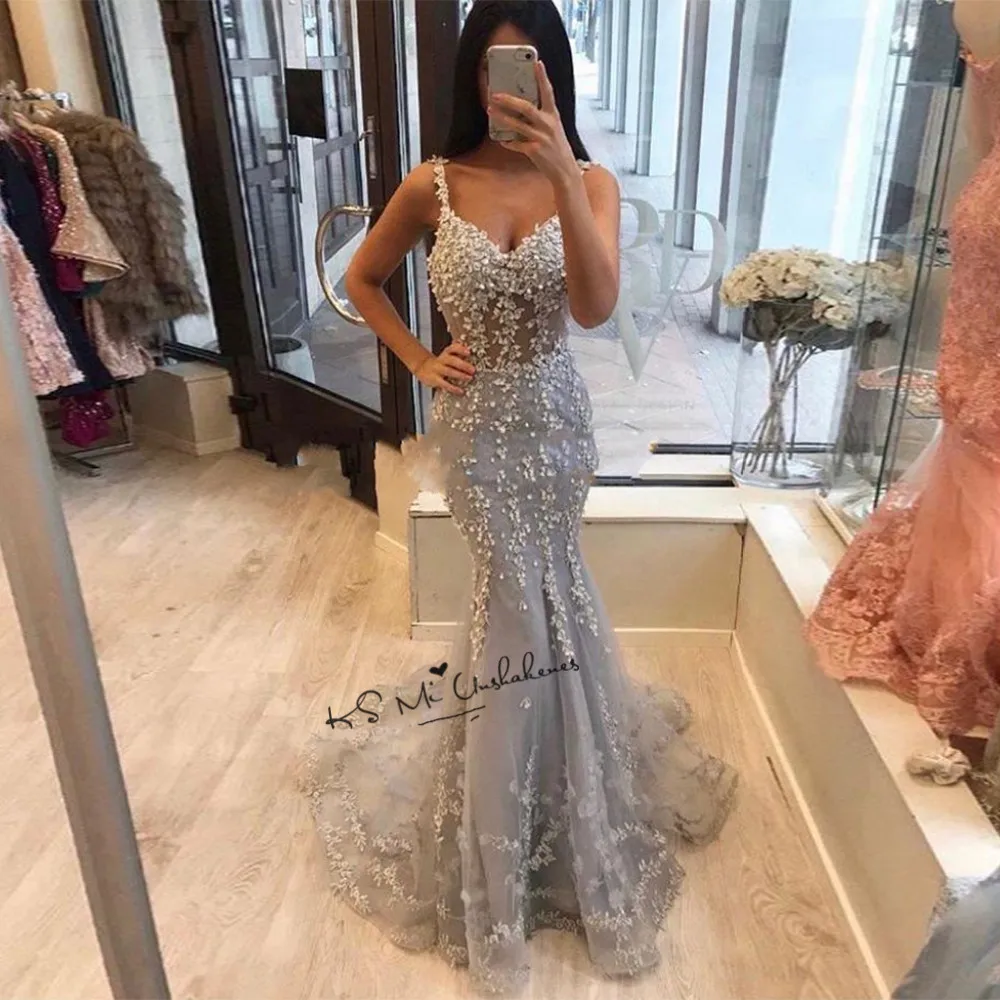 

Women Formal Gray Silver Lace Evening Dresses Mermaid Sexy Long Prom Party Dress Gowns 2020 Vestido de Festa Renda Straps