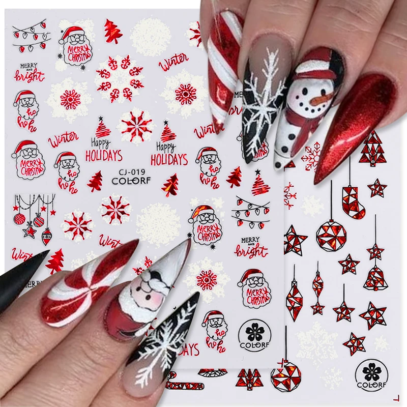 Laser Red Christmas Style 3D Nail Stickers Golden White Snowflake Pattern Nail Art Decals Manicure French Line Transfer Sliders