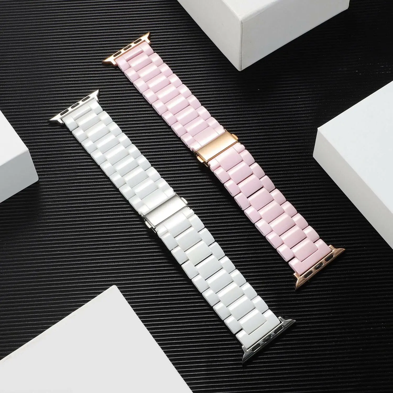 Pink Ceramic Watch Strap for Apple Watch Band Series 6 5 4 3 2 1 Replace Wristband w Adapters For iWatch 44/40/42/38mm Bracelet