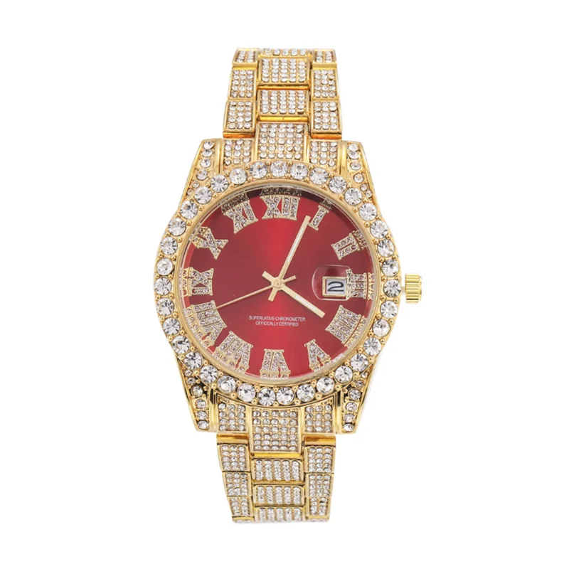 

Hip Hop Cubic Zircon Luxury RRoman Numerals Diamond Men's Fashion Red Face Large Dial Quartz Watch