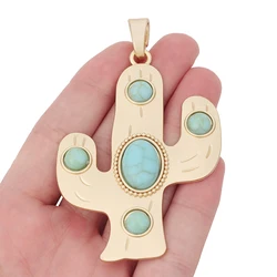 1 x Matte Gold Color Large Cactus & Faux Turquoise Charms Pendants for DIY Necklace Jewelry Making Findings Accessories 90x56mm
