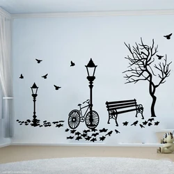 Modern Autumn Landscape Bike Tree Street Lamp Wall Sticker Kids Room Bedroom Leaf Seat Bird Nature Wall Decal Playroom Vinyl De