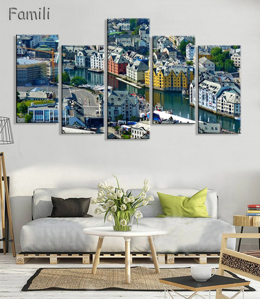 5piece canvas art Building Norway fjord harbor mountains buildings panorama Home Decor Canvas Poster Print,decorative pictures