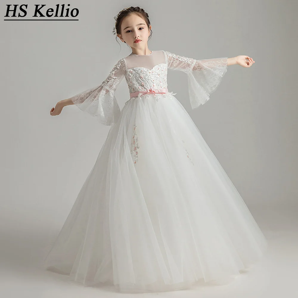 HS Kellio-vestido de flores para niña, manga larga, vestido de fiesta, largo hasta el suelo, con cinturón