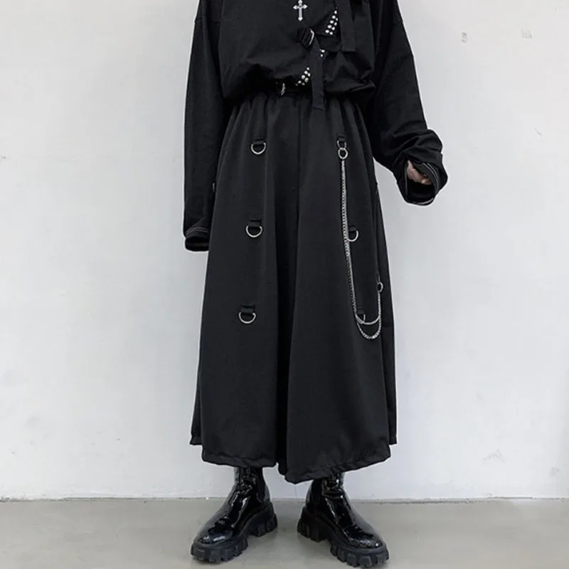 Homens de metal corrente causal solto casual perna larga calça masculina estilo japão streetwear gothic punk kimono saia calças