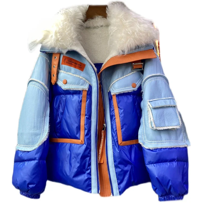 2024 New Winter White Duck Down Jacket Coat Women\'s Fashion Fur Stitching Down Jacket Gram Jacket Motorcycle Jackets