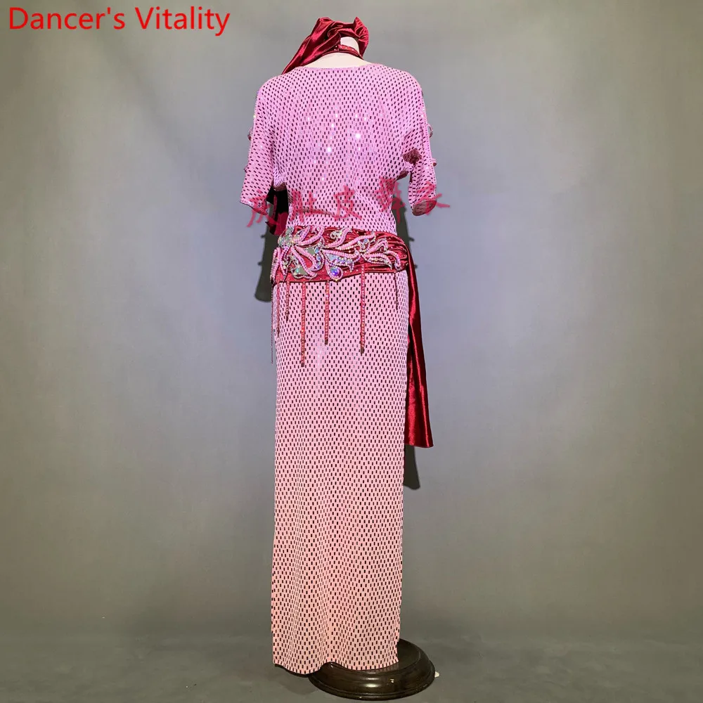 Women Belly Dance Competition Outfits Customized Glitter Diamond Bra Robe Belt Set Oriental Indian Drum Dancing Performance Suit