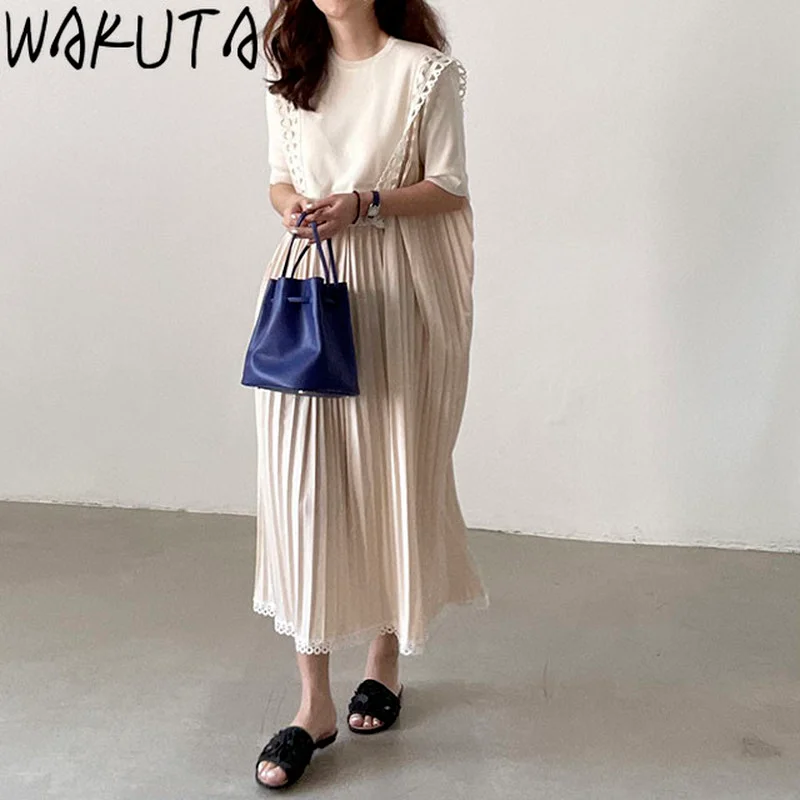 WAKUTA French New Women Vintage Loose Long Dress 2024 Summer Hollow Out Pleated Dresdes Fashion Korean Womens Clothes Elegant