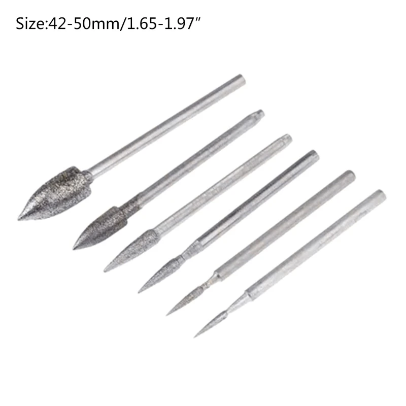 6x Conical Grinding Head 1.65-1.96'' Diamond Grinding Needle Bits Shank Needle Metal Stone Engraving Points Tool