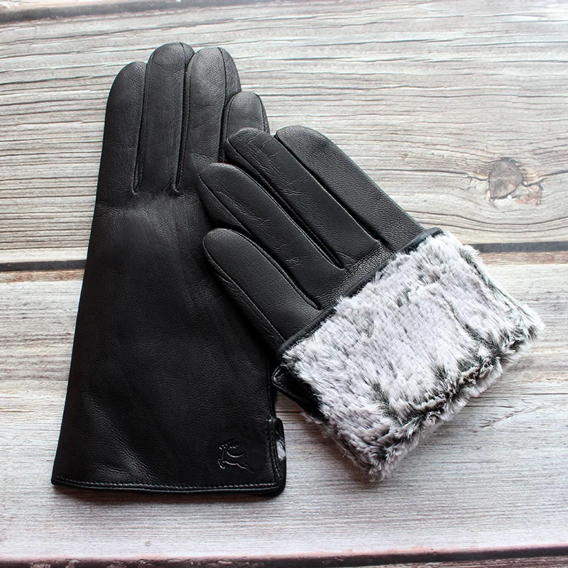 Goatskin Leather Gloves Men\'s Deerskin Pattern Outdoor Motorcycle Riding Windproof Cold Autumn and Winter Thick Warm Gloves