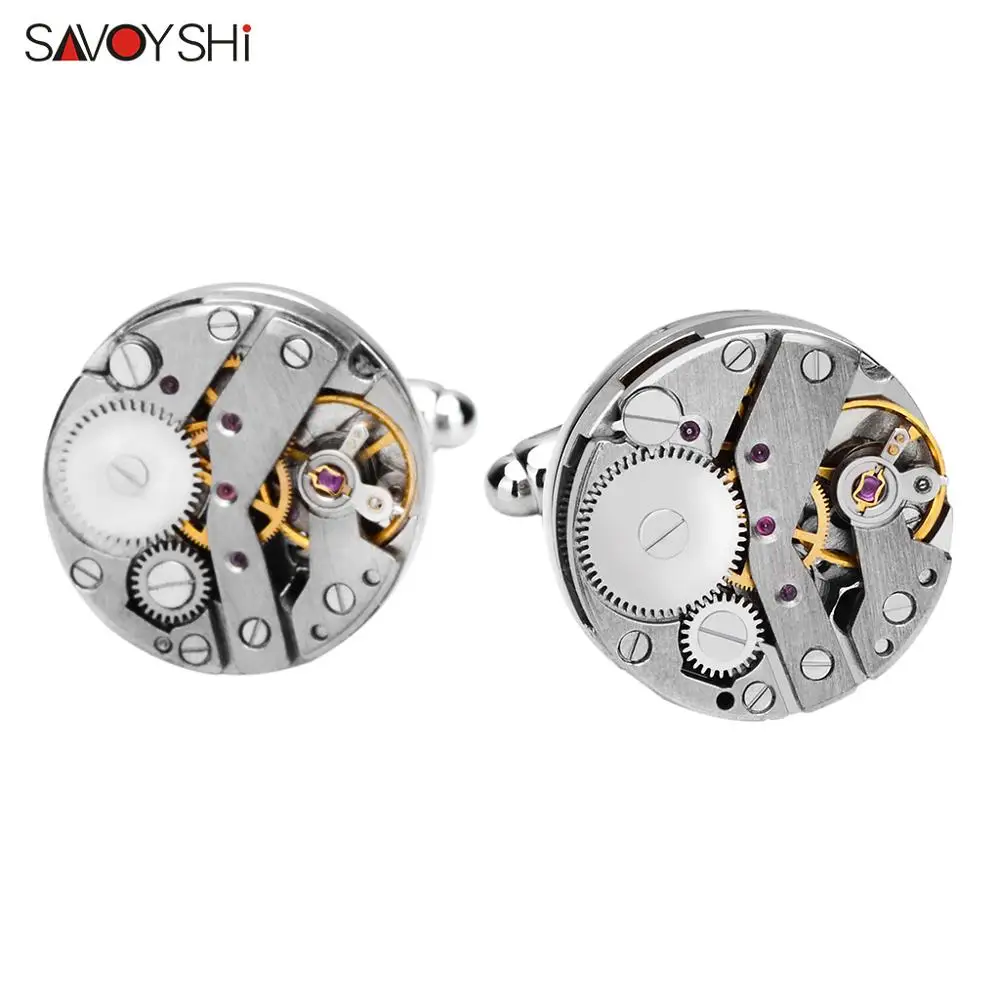 SAVOYSHI Newest Steampunk Gear Cufflinks for Mens Shirt Cuff buttons Mechanical Watch Movement Cuff Links Free carving name