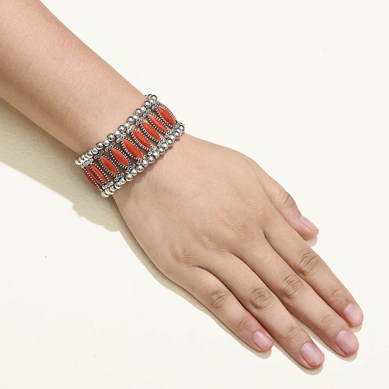 Fashion Vintage Boho 17cm Circle Elastic Bracelets Bangles For Women Black White Red Acrylic Beads Adjustable Femme Bracelets