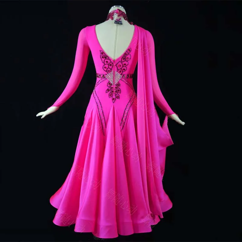 New Costumes Ballroom Dance Dress for Women Competition Dresses Standard Dancing Clothes long Sleeve Hot Pink