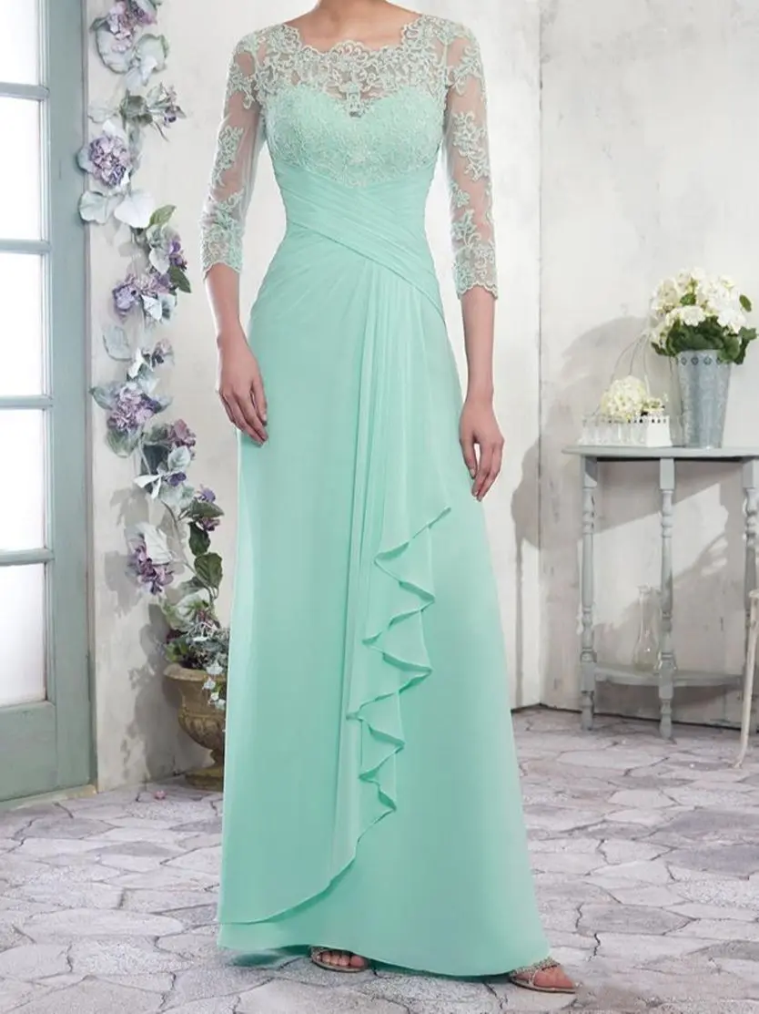 Chiffon A-line Mother of the Bride Dresses Scoop Zipper with Buttons Back Floor Length Pleats Elegant Evening Formal Dresses