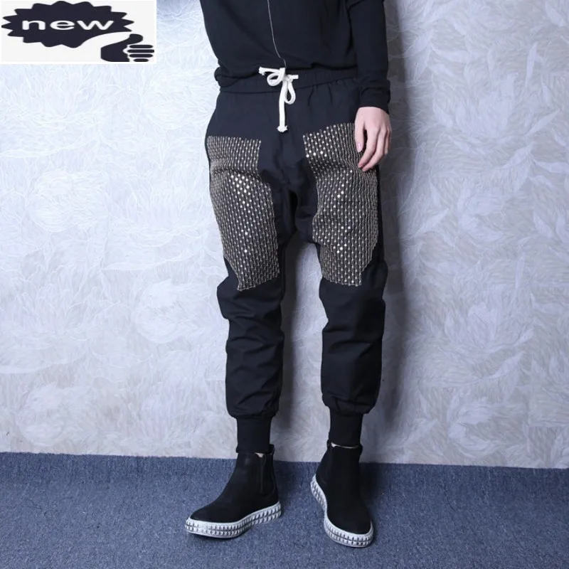 

Fashion Mens Hip Hop Drop Crotch Harem Rivets Embroidery Joggers Pants Eleastic Waist Stage Show Shiny Casual Trousers