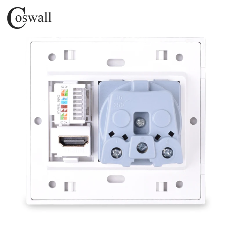 Coswall PC Panel EU Wall Power Socket + Female to Female HDMI-compatible 2.0 + CAT6 RJ45 Internet Data Outlet