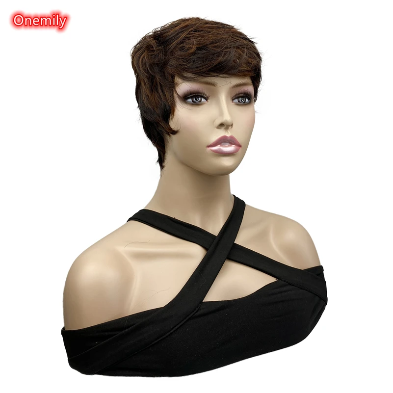 Onemily Short Straight Shaggy Pixie Cut Layered Brown Natural Synthetic Heat Resistant Fiber Daily Wigs