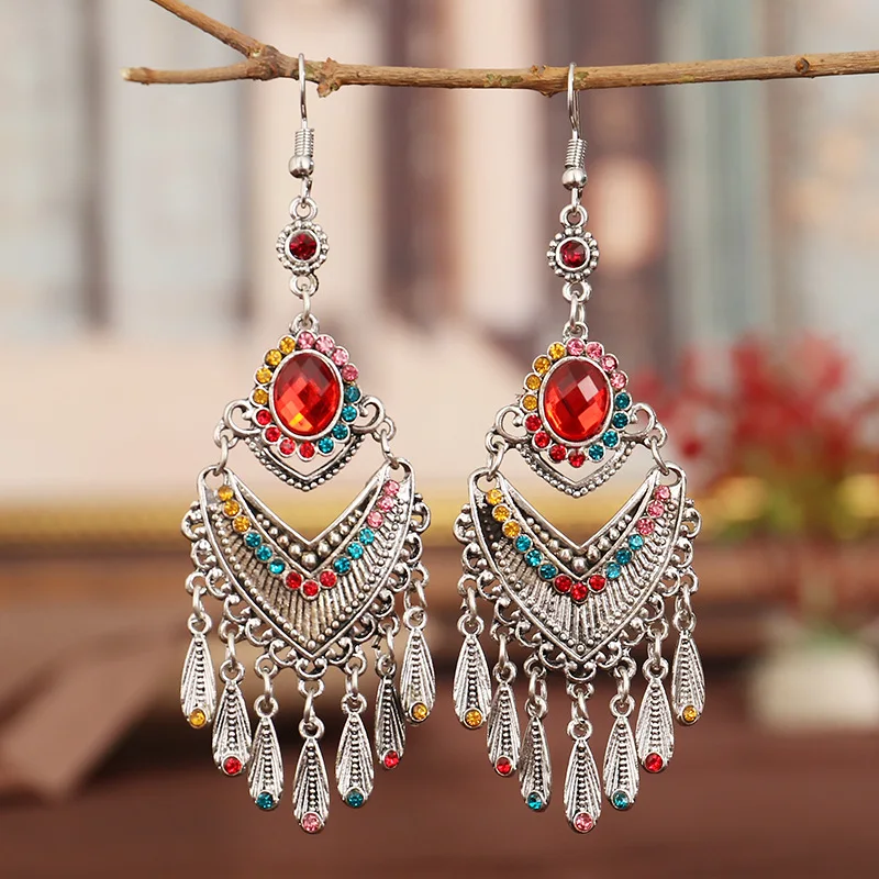 Vintage Multicolor Crystal Rhinestone Bohemian Earrings For Women Ethnic Gypsy Geometric Tassel Layered Boho Statement Earrings