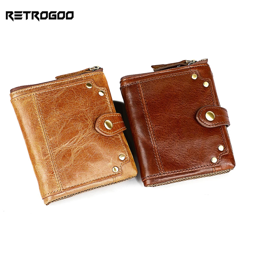 

RETROGOO Retro Classic Men Wallet Genuine Leather Man Short Wallet Male Purse Card Holder Large Capacity Money Bag RFID Carteira