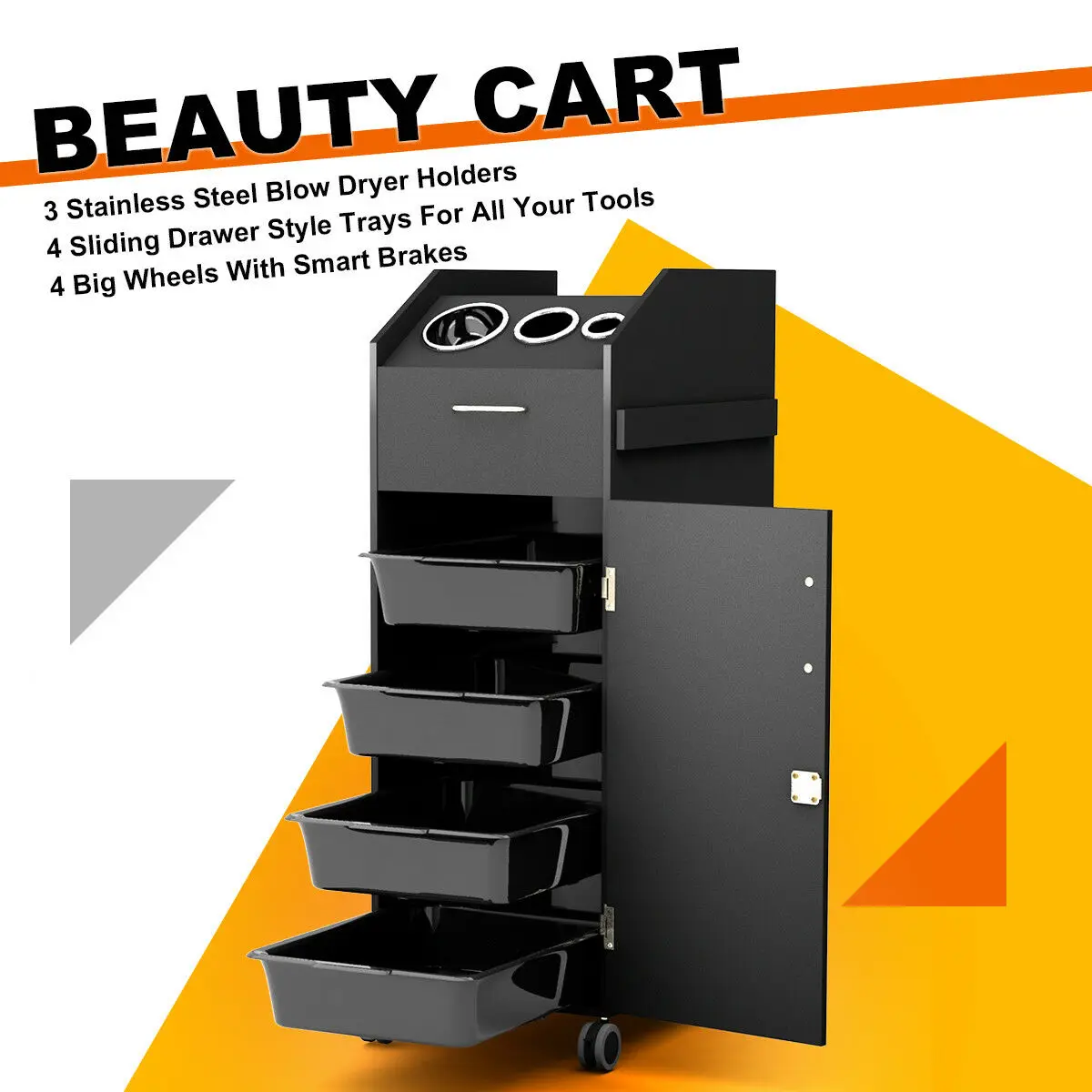 Costway Black Beauty Salon Spa Rolling Trolley 4 Storage Trays &Locking Door Equipment