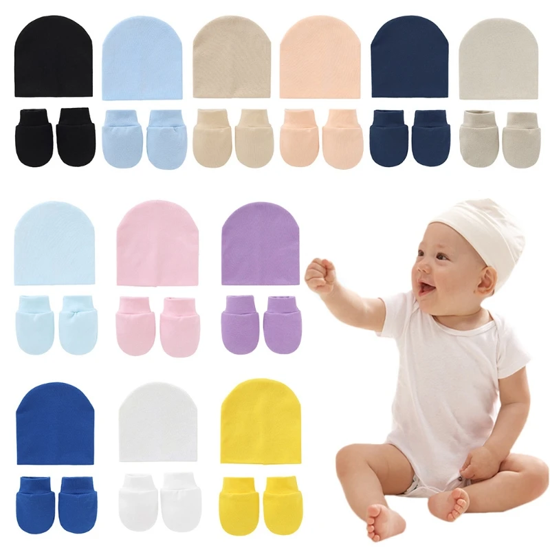 

C5AF Baby Newborn Face Protection Scratch Mittens Warm Cap Kit Infants Anti Scratching Knitted Cotton Gloves+Hat Set