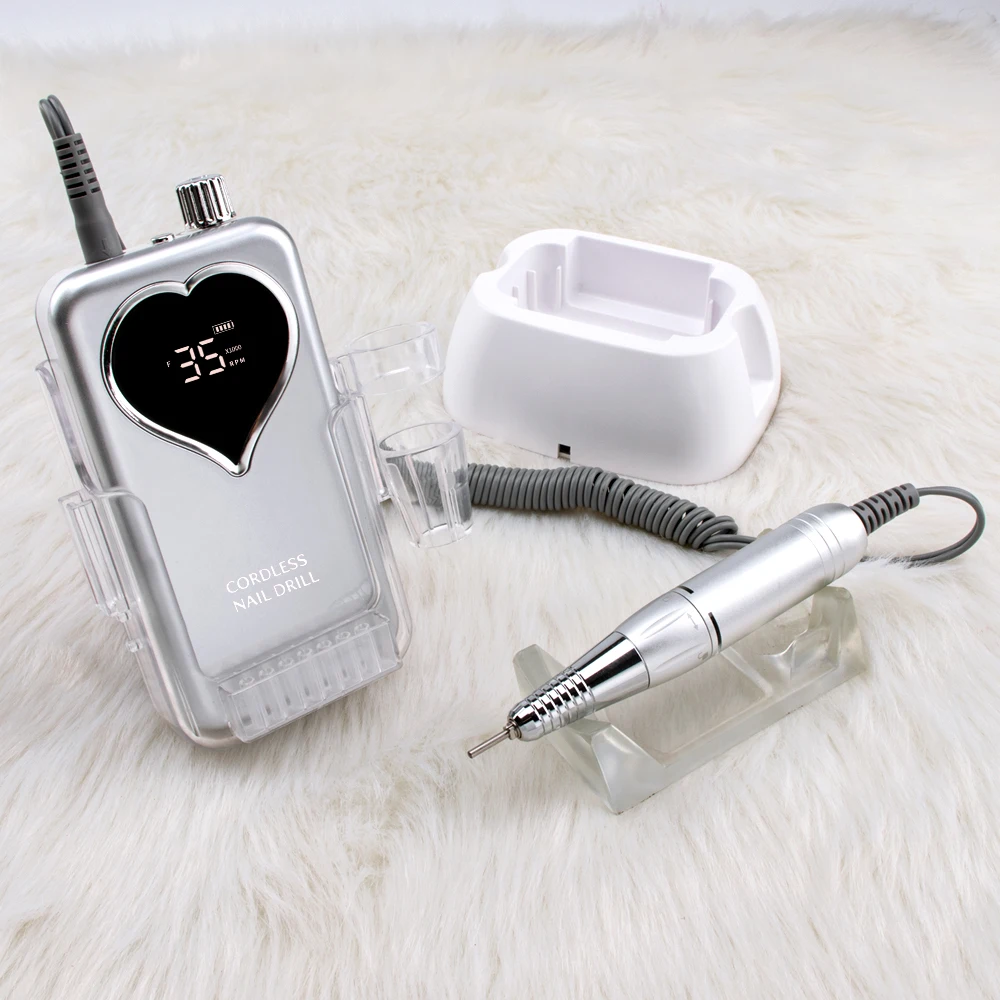 LED Logo Heart Nail Drill Rechargeable Desktop Base 35000RPM Manicure Electric Machine Nail File Pedicure Cordless Drilling