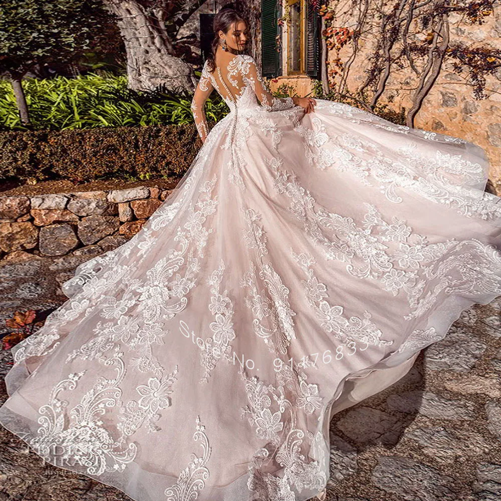 Mais novo vestido de baile vestido de casamento manga longa robe de mariee ilusão volta trouwjurk o-pescoço lindo sukienka na wesele brautkleid