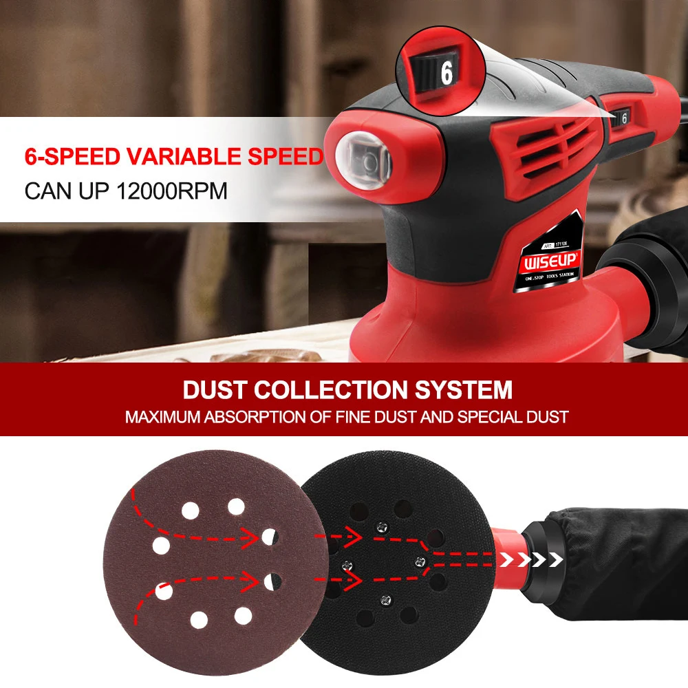 WISEUP 280W Sander ตัวแปรความเร็วขัดเครื่องฝุ่นกระเป๋า5ชิ้นวอลเปเปอร์เครื่องมือขัด