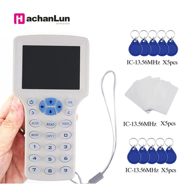 

English RFID Reader Writer Copier Duplicator IC/ID 10 Frequency with USB Cable for 125Khz 13.56Mhz Cards LCD Screen Duplicator